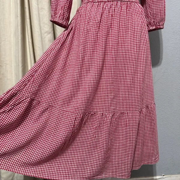 Old Navy Cotton Blend Dress S Red Gingham Smocked Off Shoulder Tiered Midi Dress - Image 13