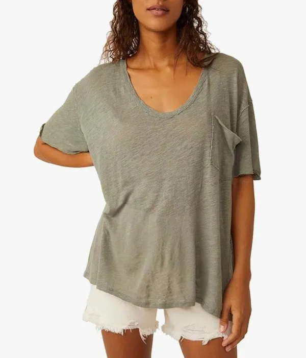 Free People Slouchy V-neck T-shirt in Khaki, Size M NEW w/Tag - Image 6