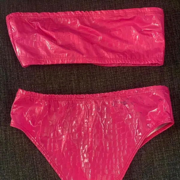 Dolls Kill Hot pink latex tube top / brief set swimsuit - Image 2