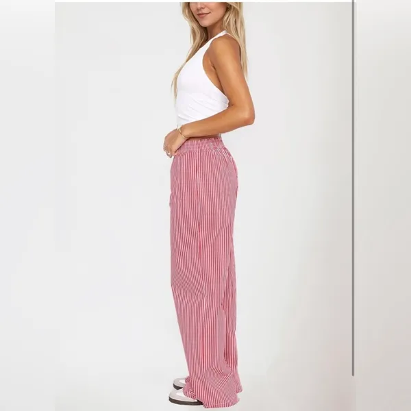 NEW Elastic Striped Y2K Wide Leg Low Waist Lounge Pants Pockets M - Image 2