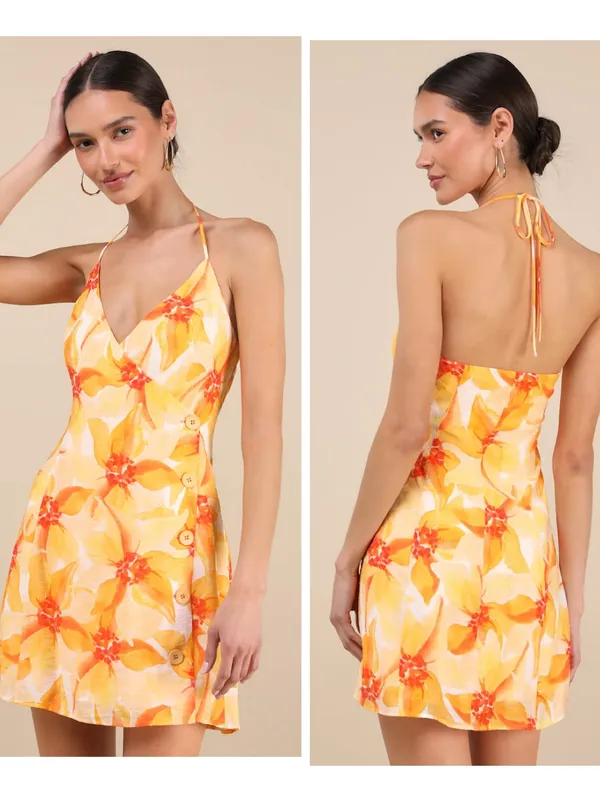 Lulus Prue Orange Floral Halter Mini Dress Size large Sleeveless V Neck Vacation - Image 2