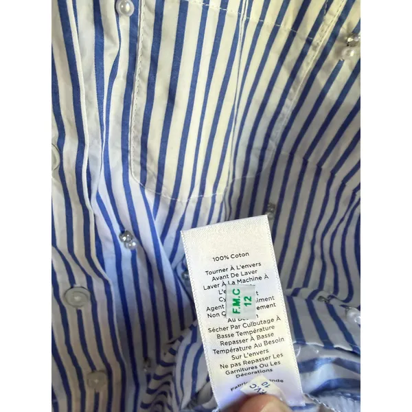 Talbots Petite Blue White Stripe Pearl Embellished Cotton Button Front Shirt SP - Image 6