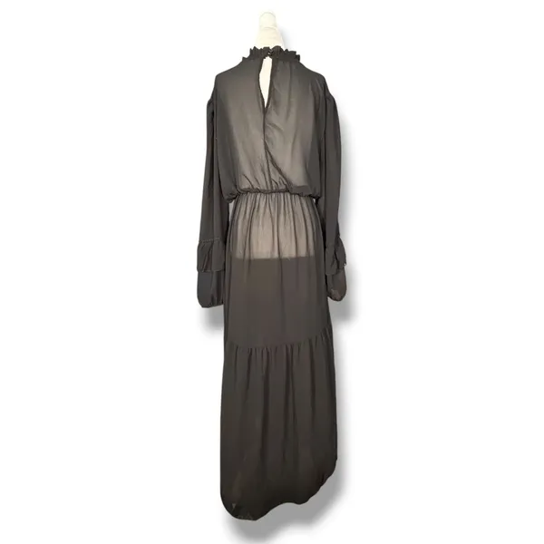 Black Sheer Maxi Dress Ruffle High Neck Tiered Long Sleeve Goth Victorian Witchy - Image 6