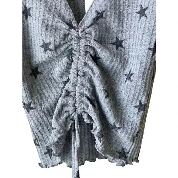 Antistar Grey Star Printed Waffle Knit Cropped Top Boho Hippie Top Blouse - Image 3