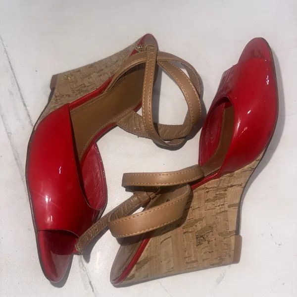 Tory Burch Red Patent Leather Cork Wedge Ankle Strap Peep Toe Sandals size 7.5 M - Image 5