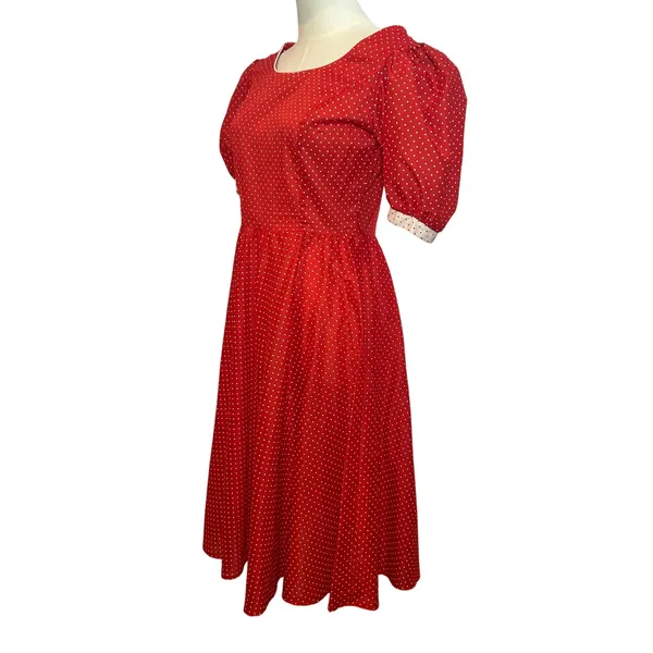 S.L. Fashions VTG 80s Polka Dot Puff Sleeve Midi Dress Red Size 9 - Image 3