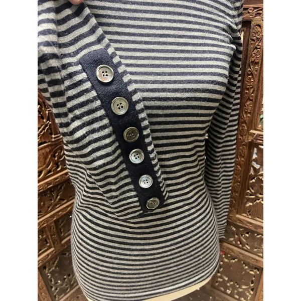 J. Crew XS Sweater Blue Gray Stripe Button Detail‎ Merino Wool - Image 3