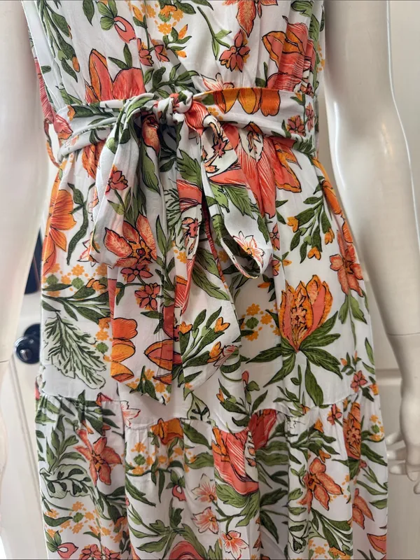 Petal&Pup Floral Halter Maxi Dress in White with Orange & Green Size 4 - Image 5