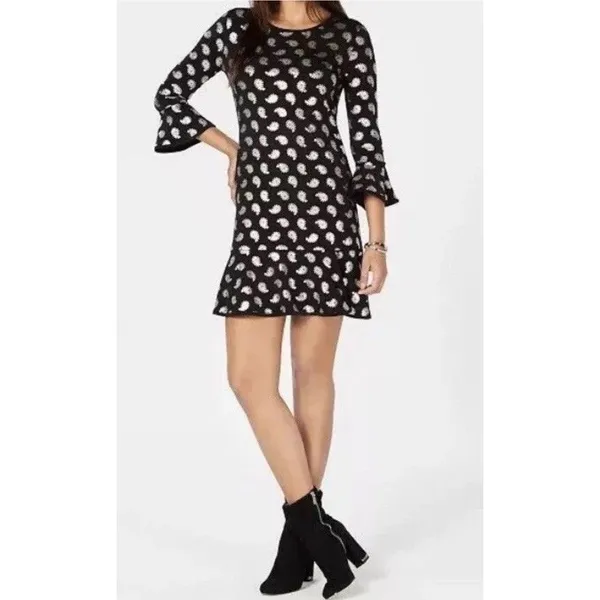 MICHAEL KORS Black/Silver Foil Paisley Flounce Shift Dress Bell Sleeves Size S - Image 14