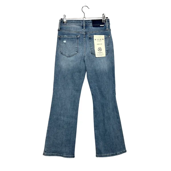 Risen Button Fly Cropped Flare Jeans Size 25 Distressed Light Wash Denim - Image 2