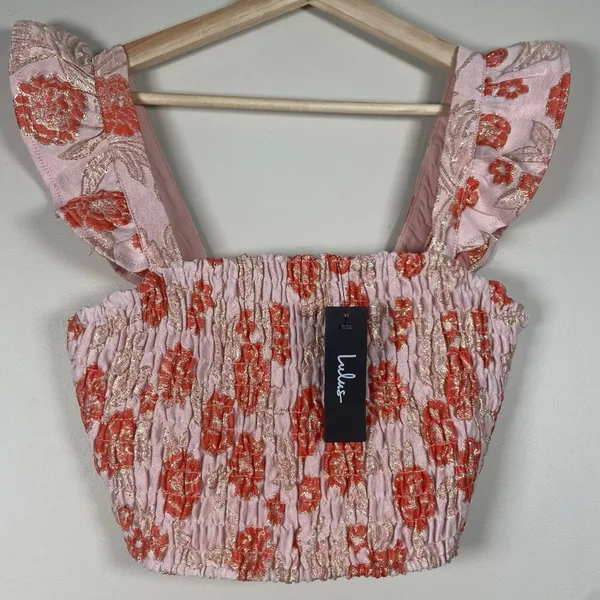 Lulus Womens Floral‎ Smocked Crop Top Small Dusty Pink Gold Metallic Ruffle NEW - Image 5