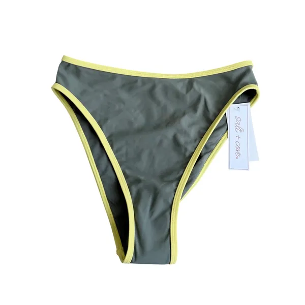 Salt + Cove Womens High Leg Bikini Bottoms Olive‎ Green Yellow Trim Size S NEW - Image 2