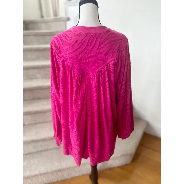 Free People Hot Pink Floral Print Blouson Sleeve Oversize Long Sleeve Blouse - Image 3