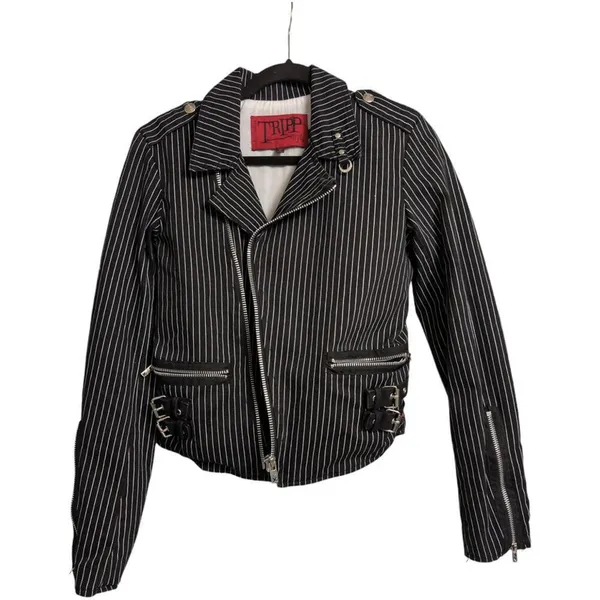 Tripp NYC Black White Striped Asymmetrical Zip Biker Jacket Moto Size M - Image 3