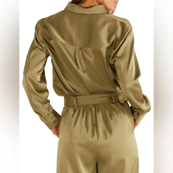 NEW MINKPINK Anissa Button Up Long Sleeve Satin Blouse Women’s S Olive Green‎ - Image 3