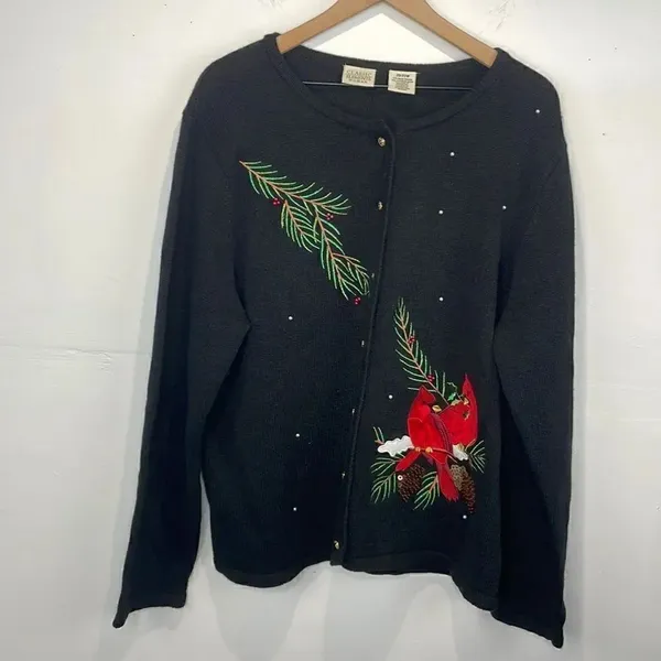 Classic Elements Woman Holiday Sweater Black Cardigan size 20-22W Vintage - Image 2
