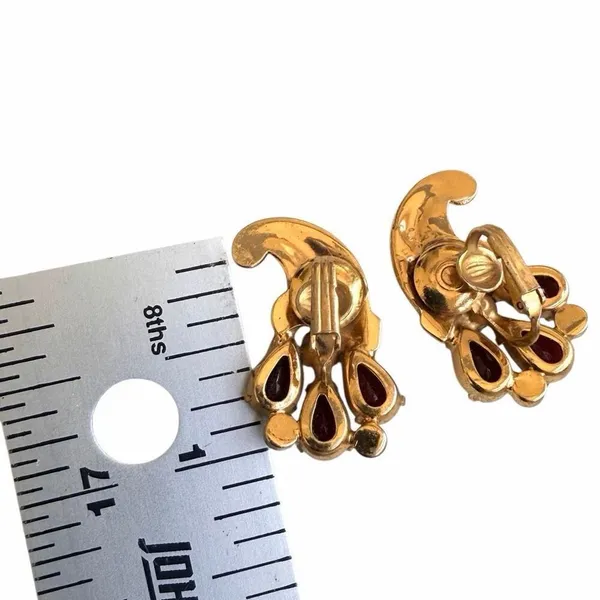 Gold-Tone Rhinestone & Deep Red Cabochon Clip-On Earrings - Image 6