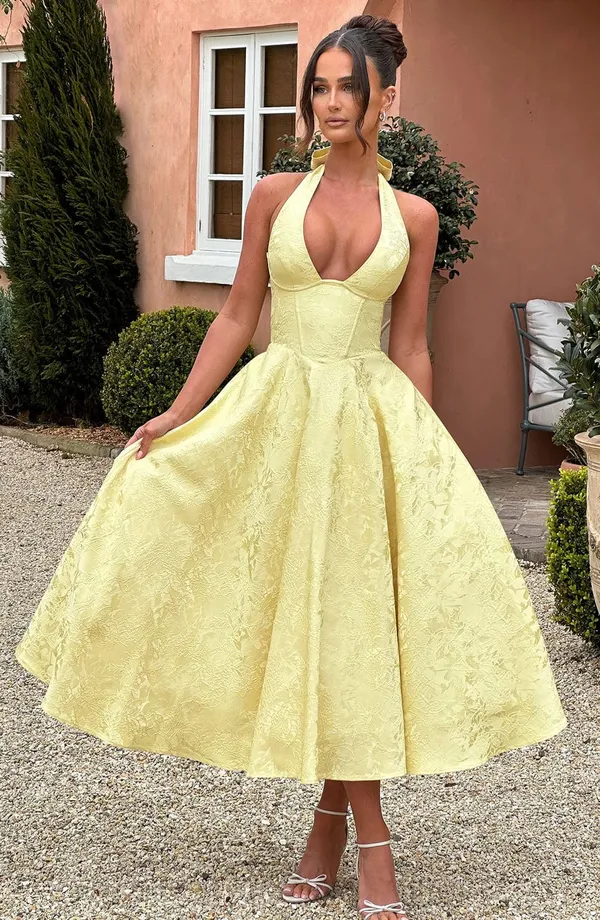 NWT Babyboo Effie Lemon Yellow Floral Jacquard Halter A-Line Midi Dress Size S - Image 2