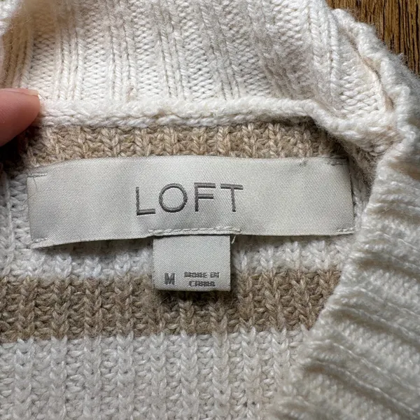 LOFT Mock Neck Striped Sweater Size Medium Flare Long Sleeve‎ White Brown Wool - Image 4