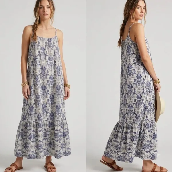 Dokotoo Boho Blue White Damask Paisley‎ Spaghetti Strap Tiered Maxi Dress XL NWT - Image 2