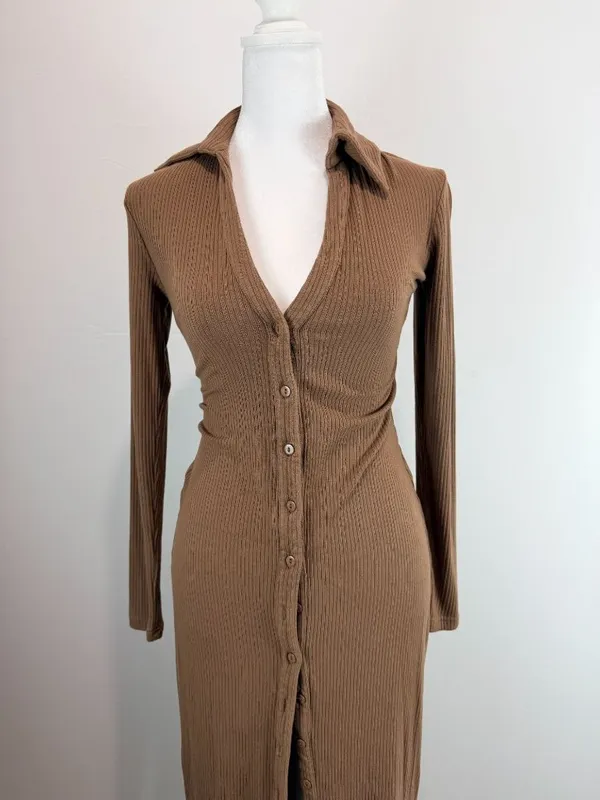 Lucca Brown Ribbed Long Sleeve Button-Down Midi Dress With Collared Neckline S - Image 12