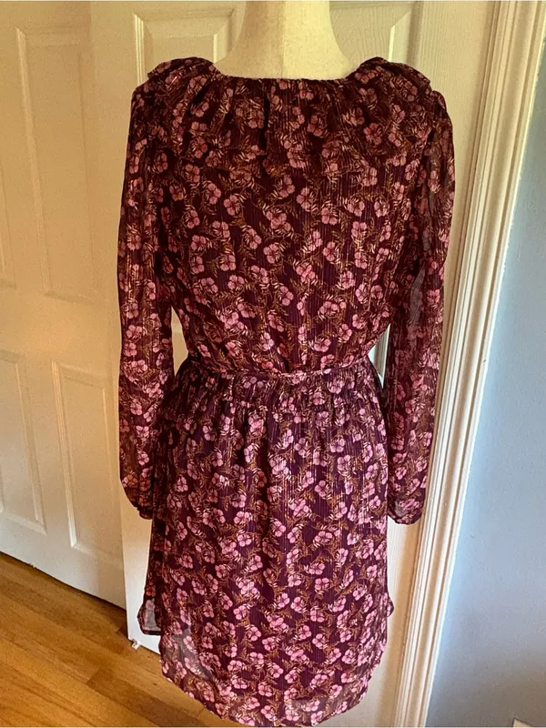 LOFT Women’s Floral Metallic Ruffle Above Knee Dress Purple Medium - Image 2