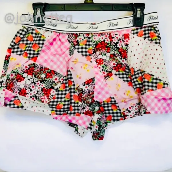 PINK VICTORIA’S SECRET Silky Pajama Shorts Patchwork Gingham Berries Floral M - Image 9