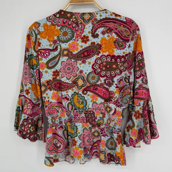 1.STATE Paisley Bell Sleeve Peplum Blouse Large Blue Pink Boho Festival‎ Hippie - Image 6
