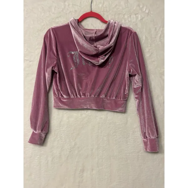 Juicy Couture Velour‎ Cropped Zip Up Hoodie Rhinestone Logo Mauve Pink Medium - Image 3