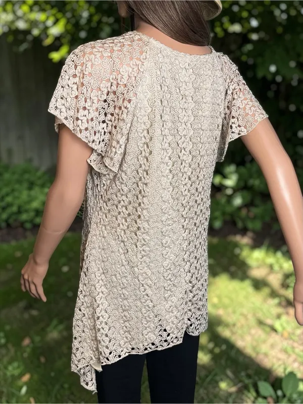 DressBarn Crochet Lace Tunic Top Large Beige Boho Swing Handkerchief Hem - Image 6