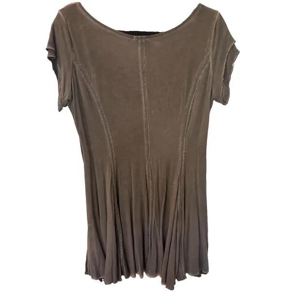 POL NWOT Boho Mineral Gray V-Neck Short Sleeve Stretch Exposed Stitch Mini Dress - Image 2