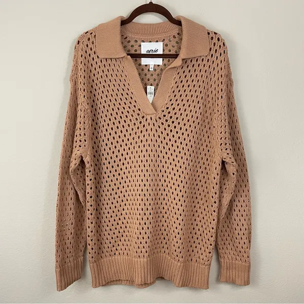 NWT Aerie Pointelle Collared Neck Oversized Long Sleeves Sweater Size‎ Medium - Image 3