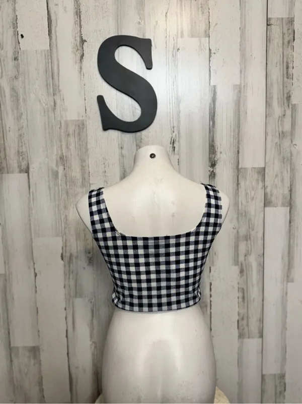 C-Mode Gingham Plaid Square Neck Crop Top Womens S Navy Blue White Tank - Image 3