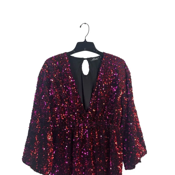 Motel Red & Burgundy Sequin Long Sleeve Romper Women’s M Deep V Party Club - Image 2