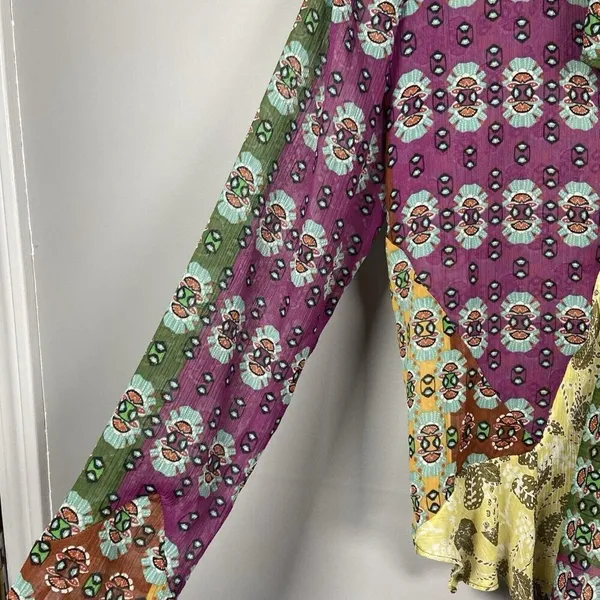 Zara Studio Boho Printed Long Sleeve‎ Blouse with Tie Detail Size M Medium Boho - Image 5