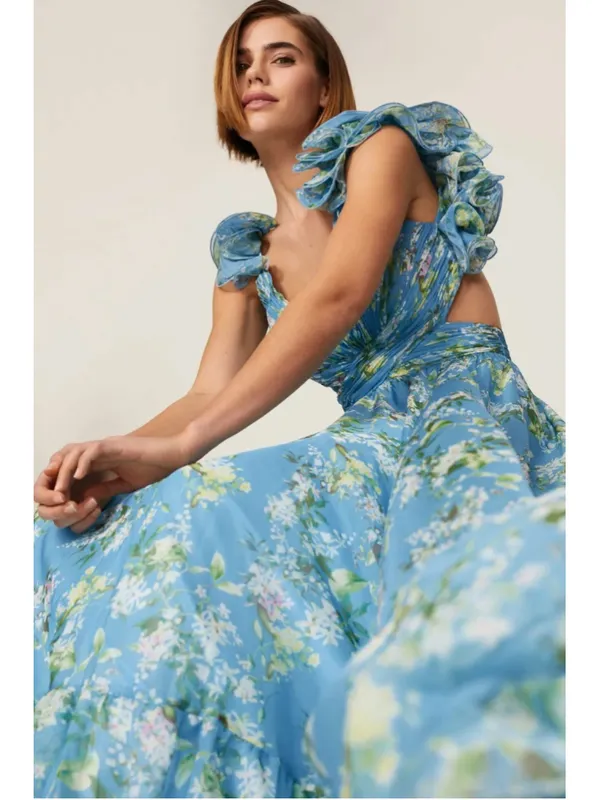 Mac Duggal Blue Ruffle Tiered Floral Cut-Out Chiffon Gown 6 Fairy Whimsy Formal - Image 6