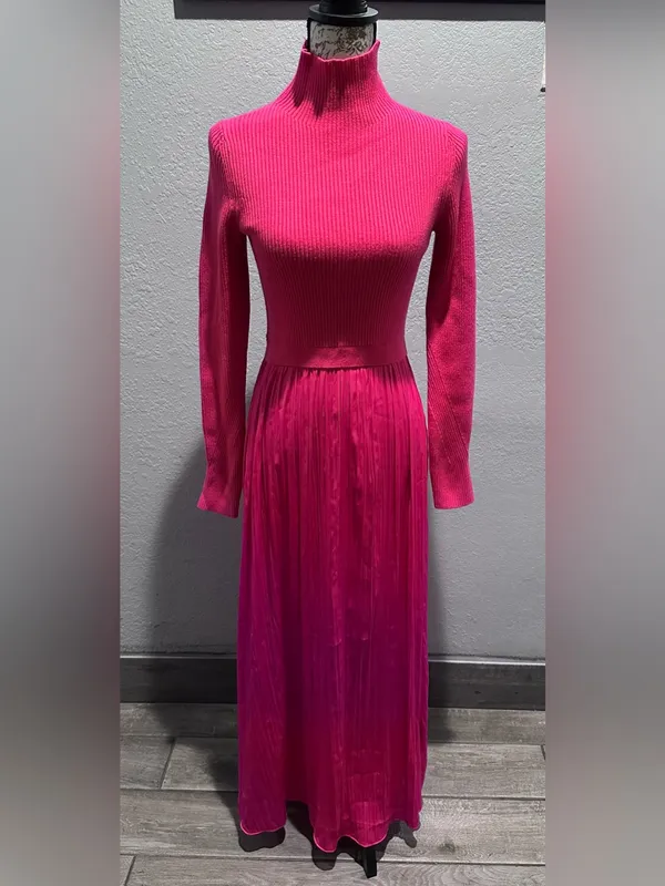 Anthropologie High-Neck Mockable Maxi Dress Fuchsia Knit dress & Pleated Skirt - Image 4