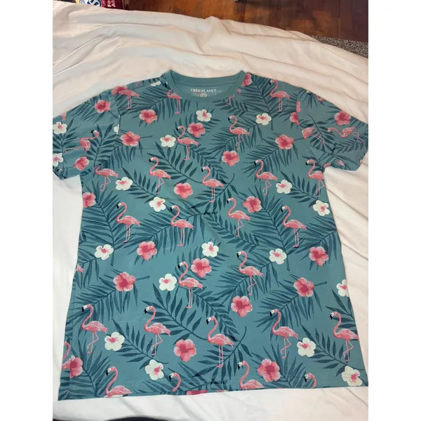 Free Planet Womens Flamingo‎ Tropical Floral T-Shirt Teal Blue Pink Large L - Image 2
