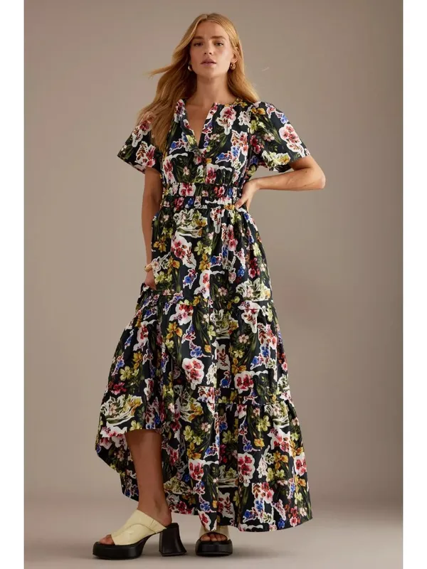NWT Anthropologie Somerset Maxi in Black Bright Floral Cotton Dress XL - Image 2