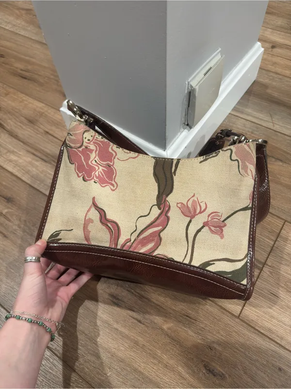 LIZ CLAIBORNE Vintage 90s Cottagecore Pink Floral Cream Canvas Shoulder Bag - Image 3