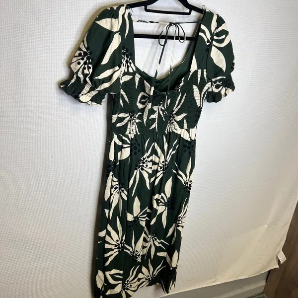 Francescas Forest Green Tropical Floral Linen Blend Puff Sleeve Midi Dress M - Image 3