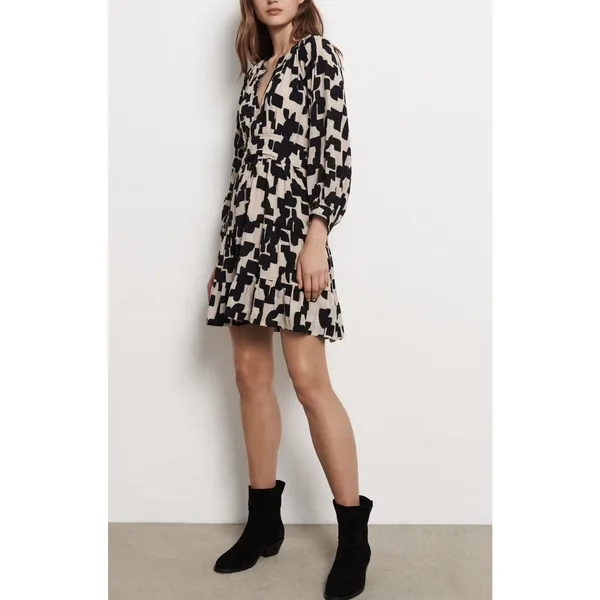 BA&SH Pulse Printed Split Neck Mini Dress In Black - Image 8