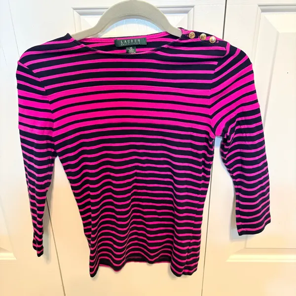 Lauren Ralph Lauren Pink Navy Striped Cotton Boat Neck Top Gold Buttons XS - Image 5