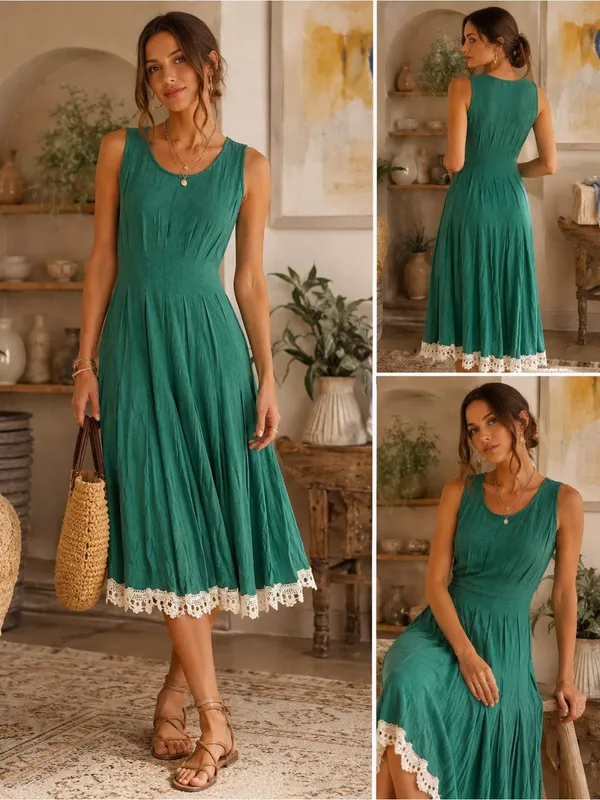 Alya Anthropologie Emerald Green Sleeveless Lace Hem Midi Dress Medium Boho - Image 2