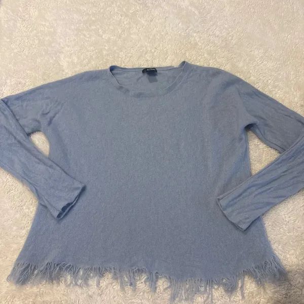Womens Blue Cashmere Fringe Sweater XL Quiet Luxury Preppy Fall Chic Designer - Image 2