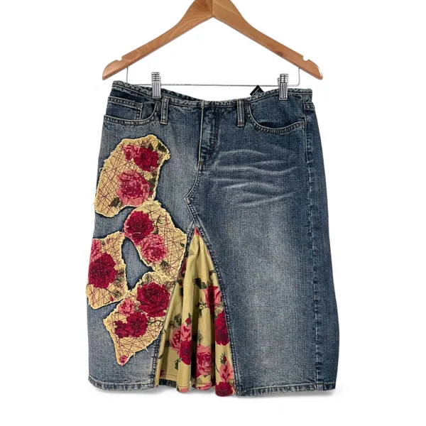 Vintage Y2K 90's Express 7/8 Denim Skirt Corduroy Floral Patches Ruffle Low rise - Image 7