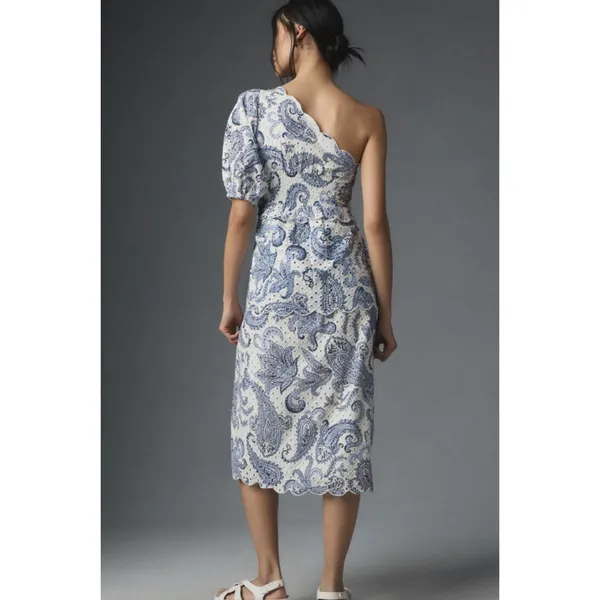 Farm Rio Summer One Shoulder Eyelet Midi Dress White Blue Asymmetric Boho Resort - Image 2