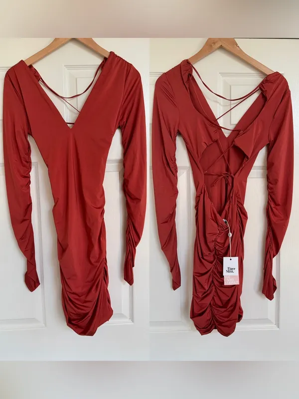 Tiger Mist NWT Rust Orange / Brown Mini Dress Ruched Open Back L - Image 2