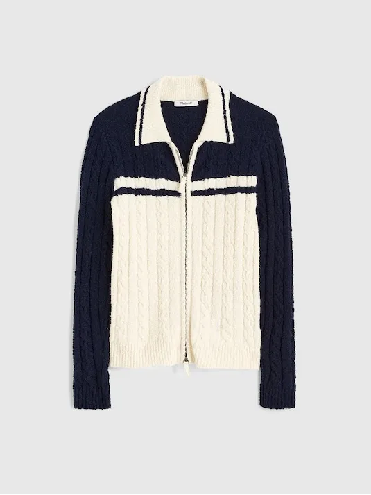 Madewell Cable Knit Zip Cardigan Sweater Collar Navy Medium - Image 9