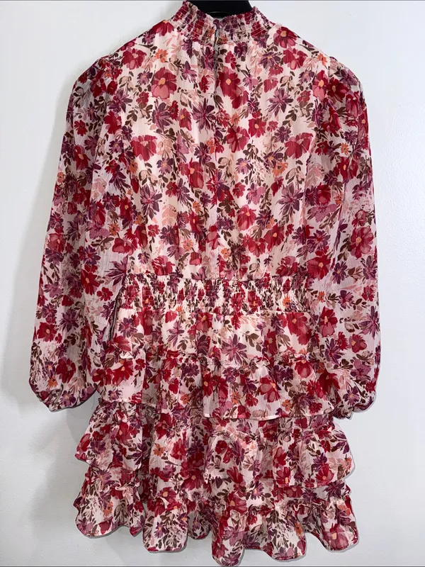 1 State floral ruffle tiered mini dress with balloon sleeves size large - Image 5